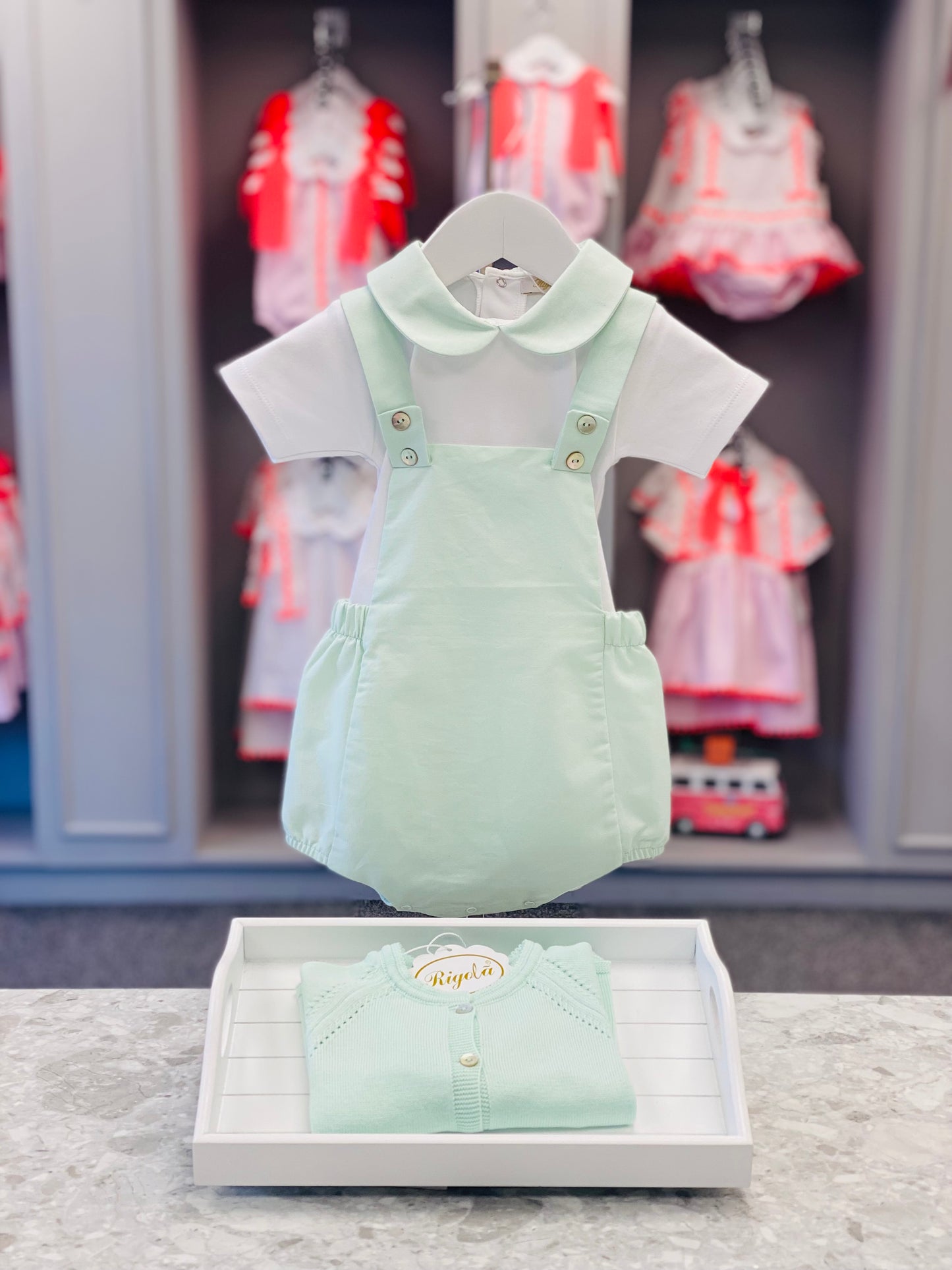 RIGOLA SS25 Boys Mint Green Cotton & Linen Romper Set with Cardigan