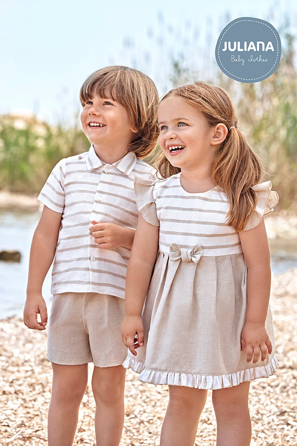 JULIANA Cap Negre Girls Beige & Cream Linen Dress
