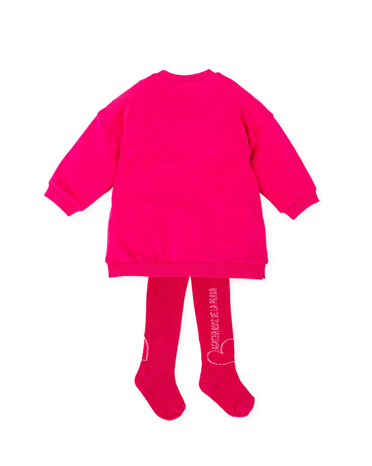 Fuchsia-pink sweatshirt dress with a large rainbow-striped heart motif