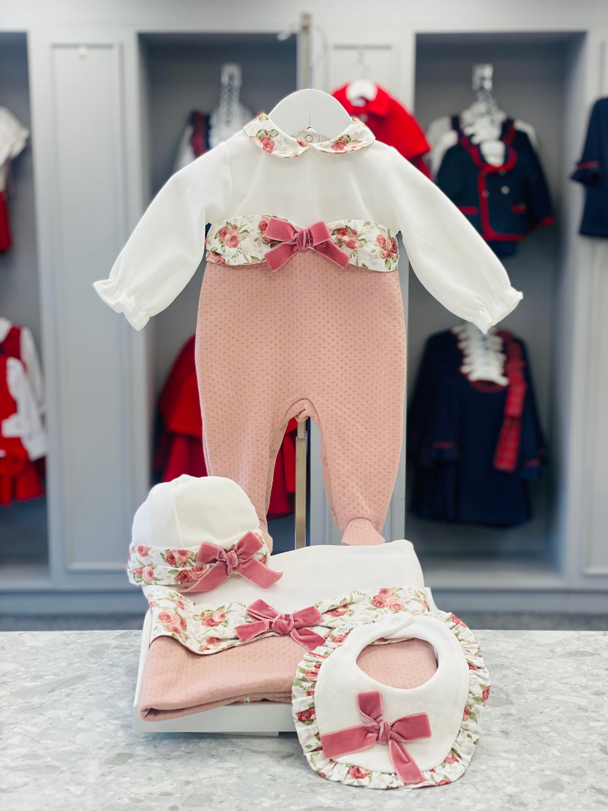 Deolinda Ella deep pink floral baby accessories - coordinating collection