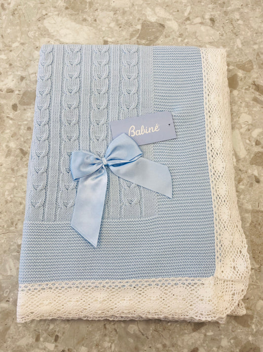 BABINE Canastilla Blue Knitted Baby Blanket with Lace Trim