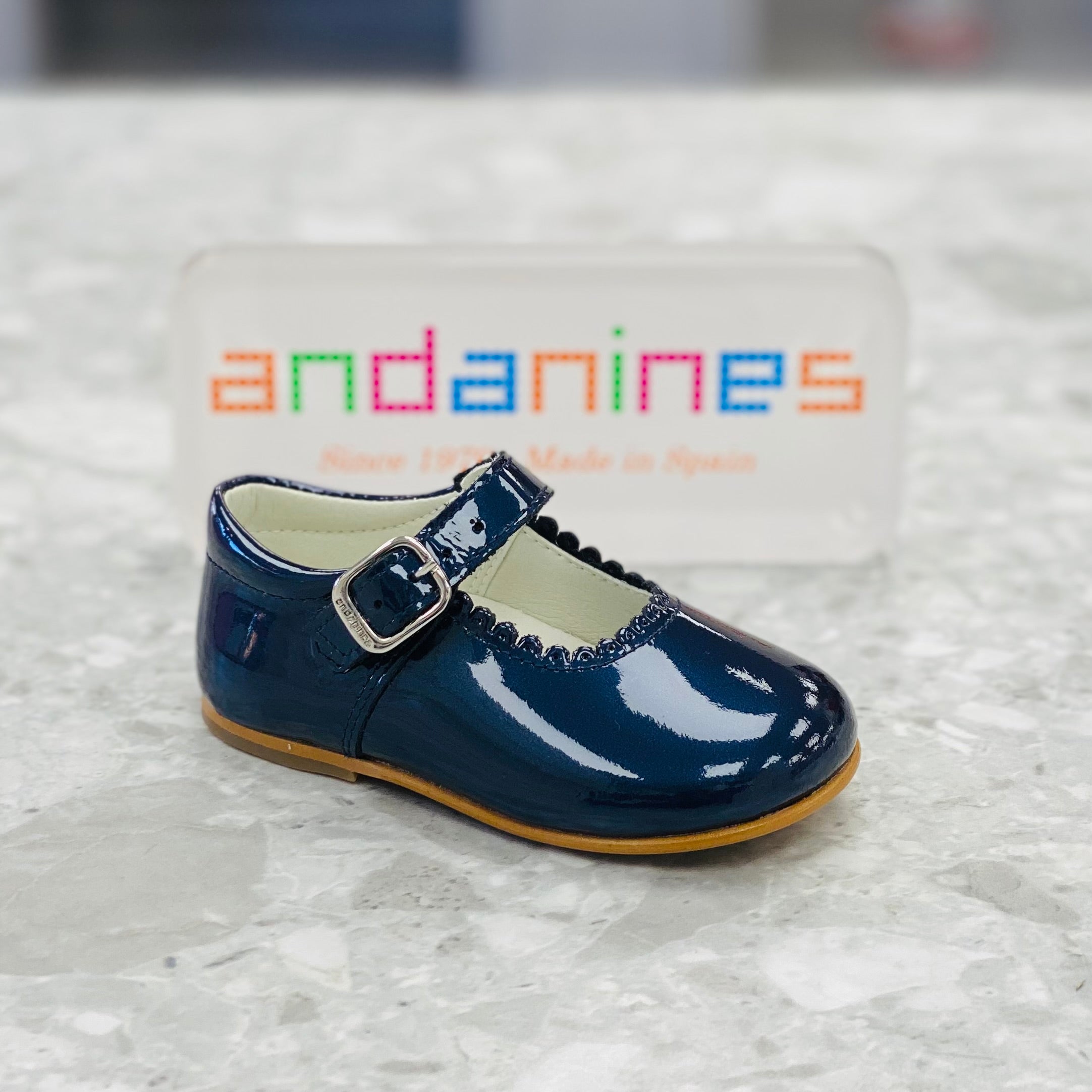 ANDANINES Navy Pearl Girls Patent Leather Mary Jane Shoes