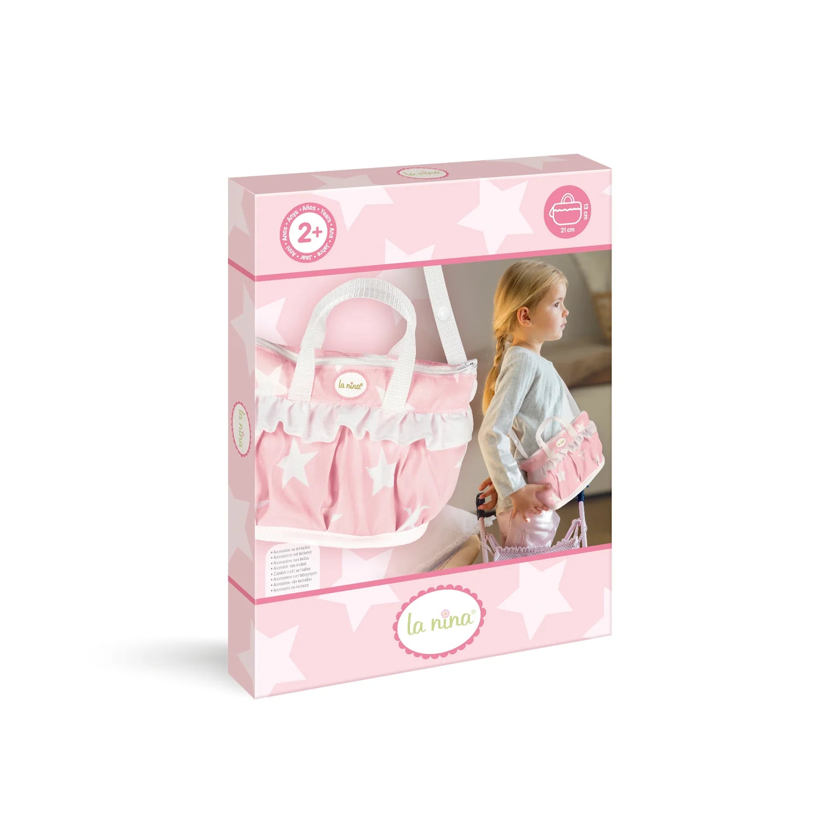 La Niña Carlota Pink and White Star Print Dolls Pram Bag - packaging