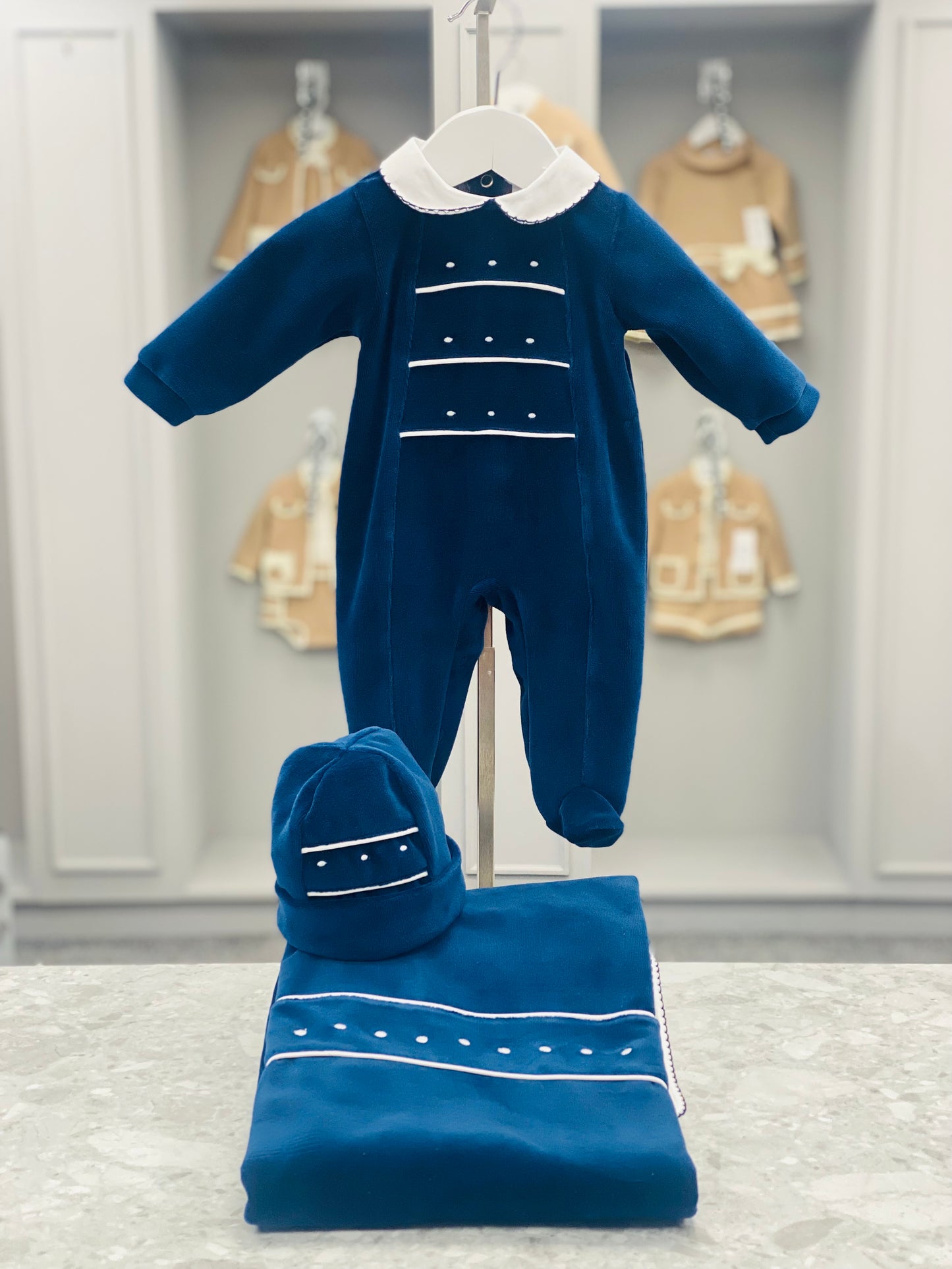 DEOLINDA Take Me Home Baby Boys Navy Dot Three Piece Velour Set