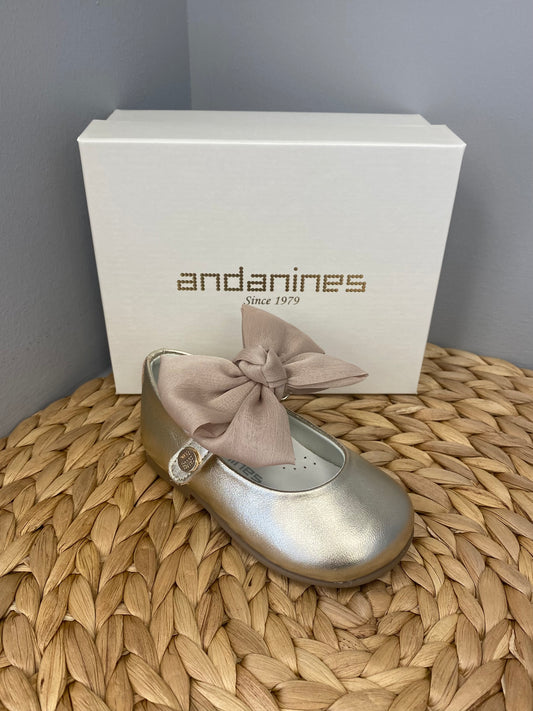 ANDANINES Baby Girls Bow Strap Gold Leather Shoe