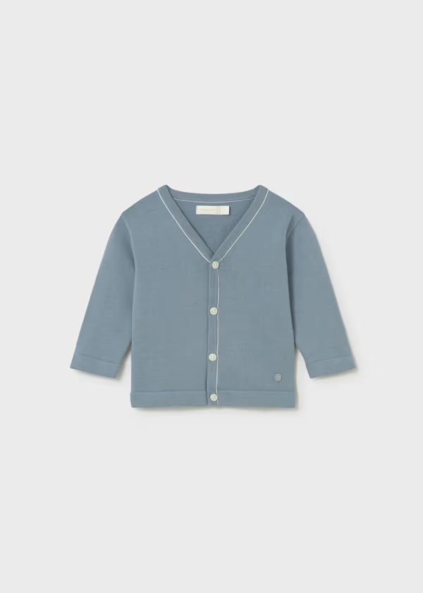 Mayoral muted jade V-neck boys cardigan, front view