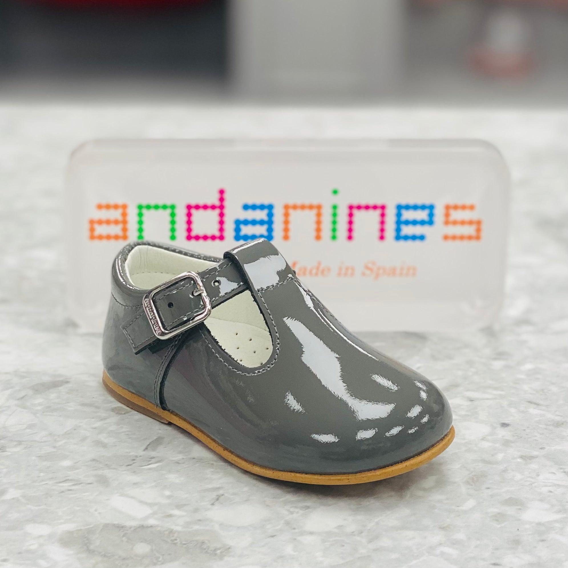 ANDANINES Grey Boys Patent Leather T-Bar Shoes - 162805