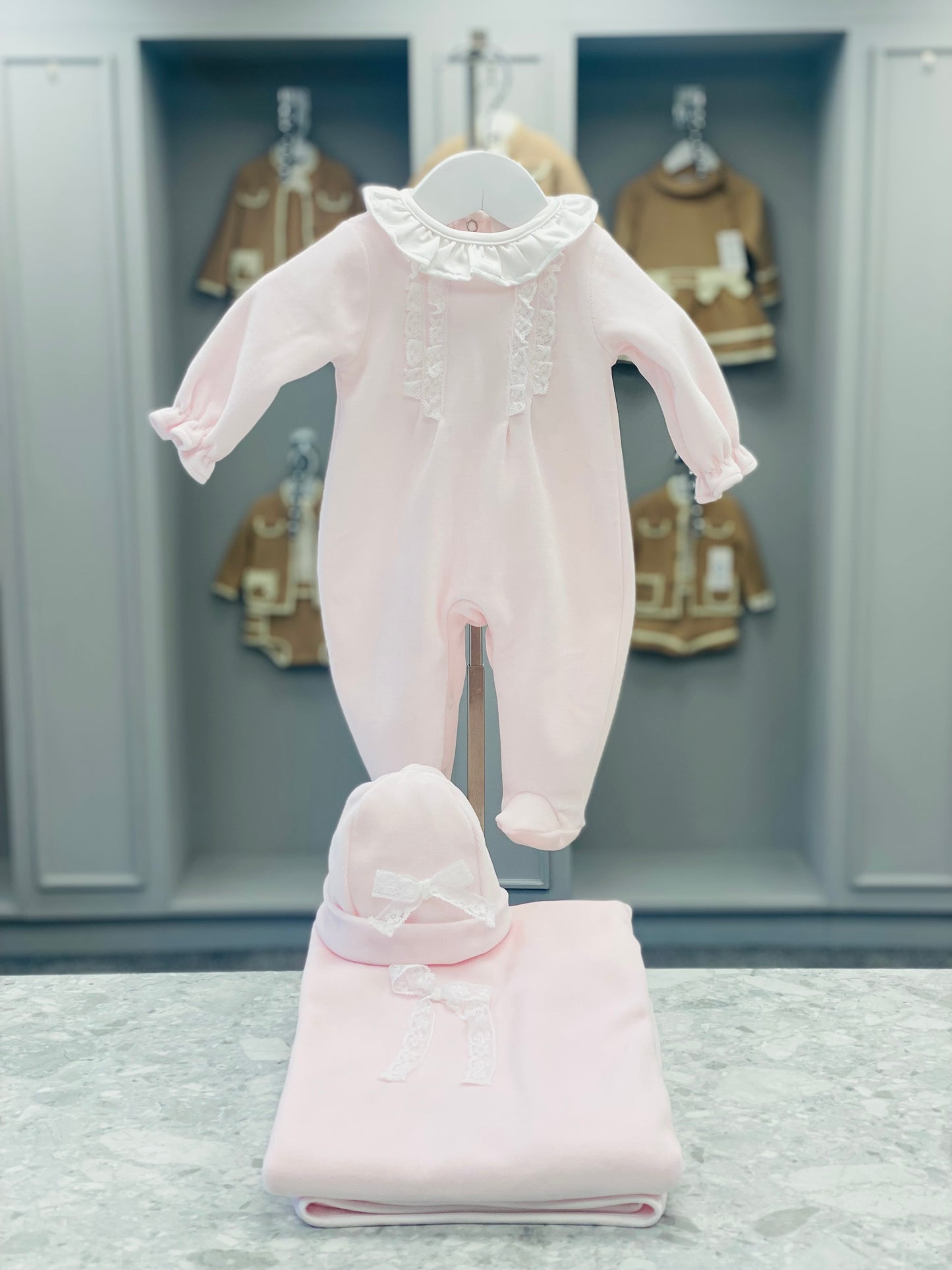 DEOLINDA Take Me Home Baby Girls Pink Satin & Lace Three Piece Velour Set