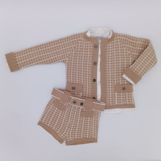 Rahigo camel and cream boys three piece jam pant set with knitted cardigan, cream top and matching jam pants.