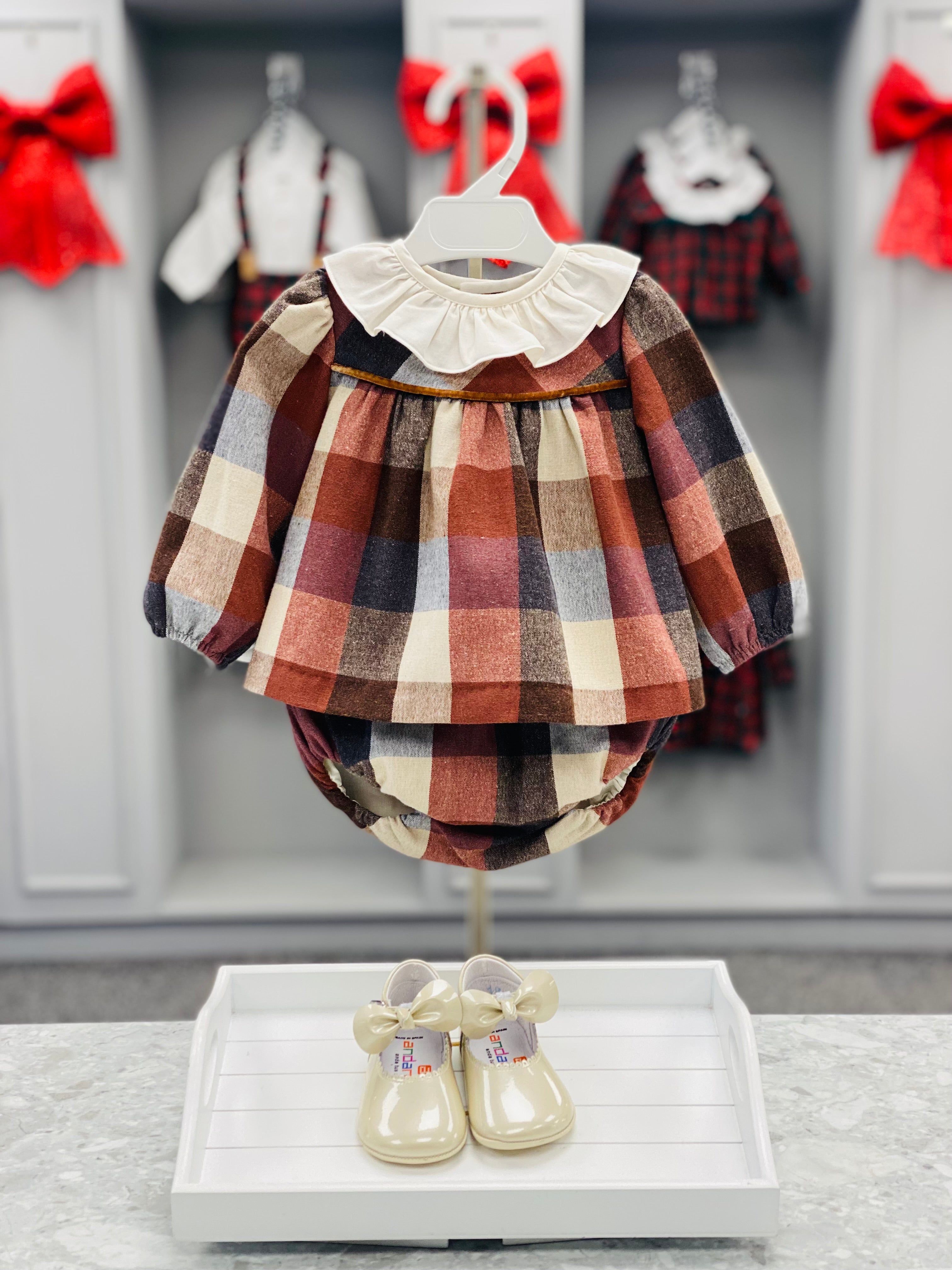 BABINE Calabaza Baby Girls Camel & Brown Check Dress & Knickers 