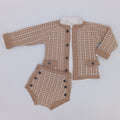 Rahigo camel and cream boys three piece jam pant set with knitted cardigan, cream top and matching jam pants.