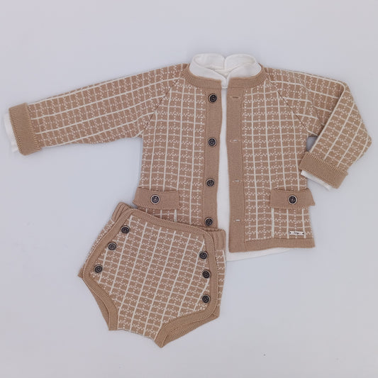 Rahigo camel and cream boys three piece jam pant set with knitted cardigan, cream top and matching jam pants.