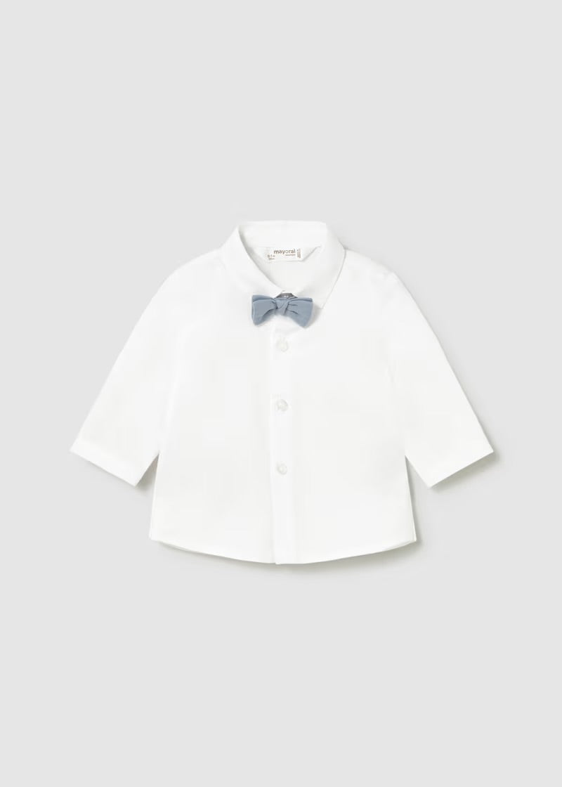 Mayoral boys white bow-tie shirt, striped jumper and pale-blue trousers
