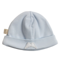 Baby Gi blue cotton velour baby hat with signature angel wings appliqué, made in Portugal.