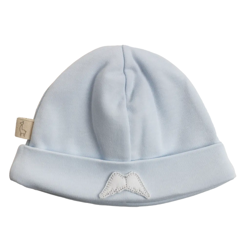 Baby Gi blue cotton velour baby hat with signature angel wings appliqué, made in Portugal.