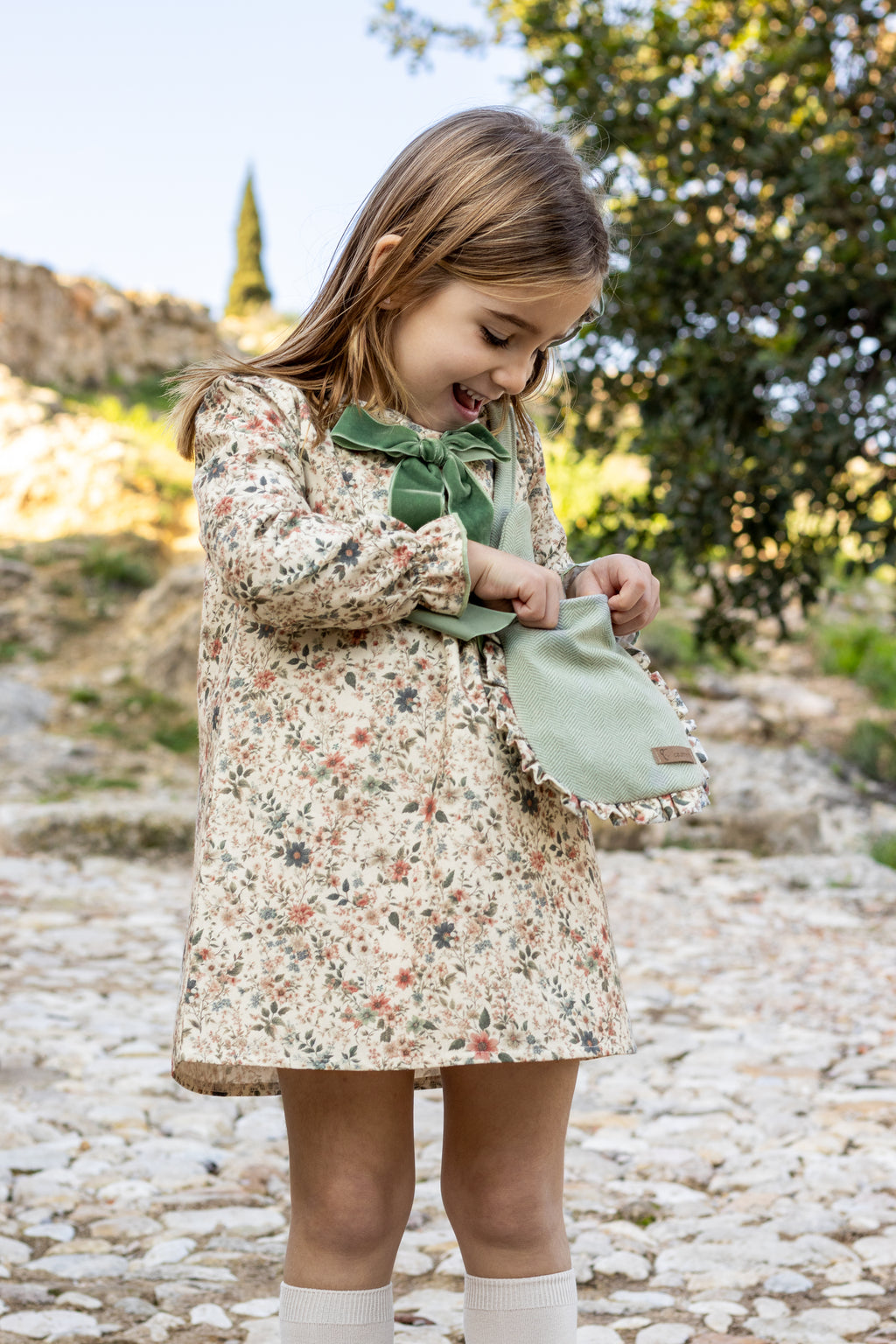 AW25 CALAMARO Bise Girls Green Floral A-Line Dress 