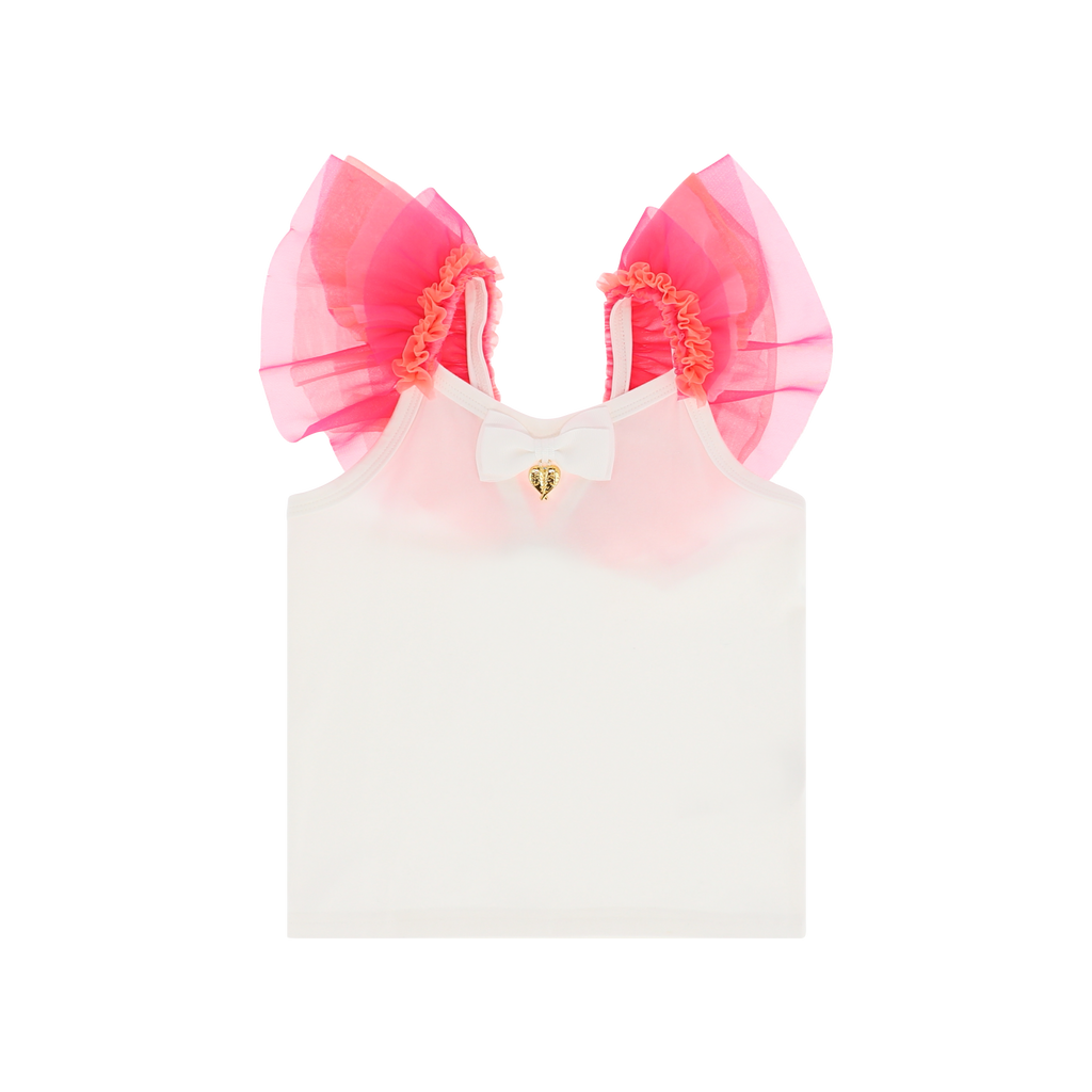 Angel’s Face Laetitia white cotton top with neon pink and orange tulle sleeves - front