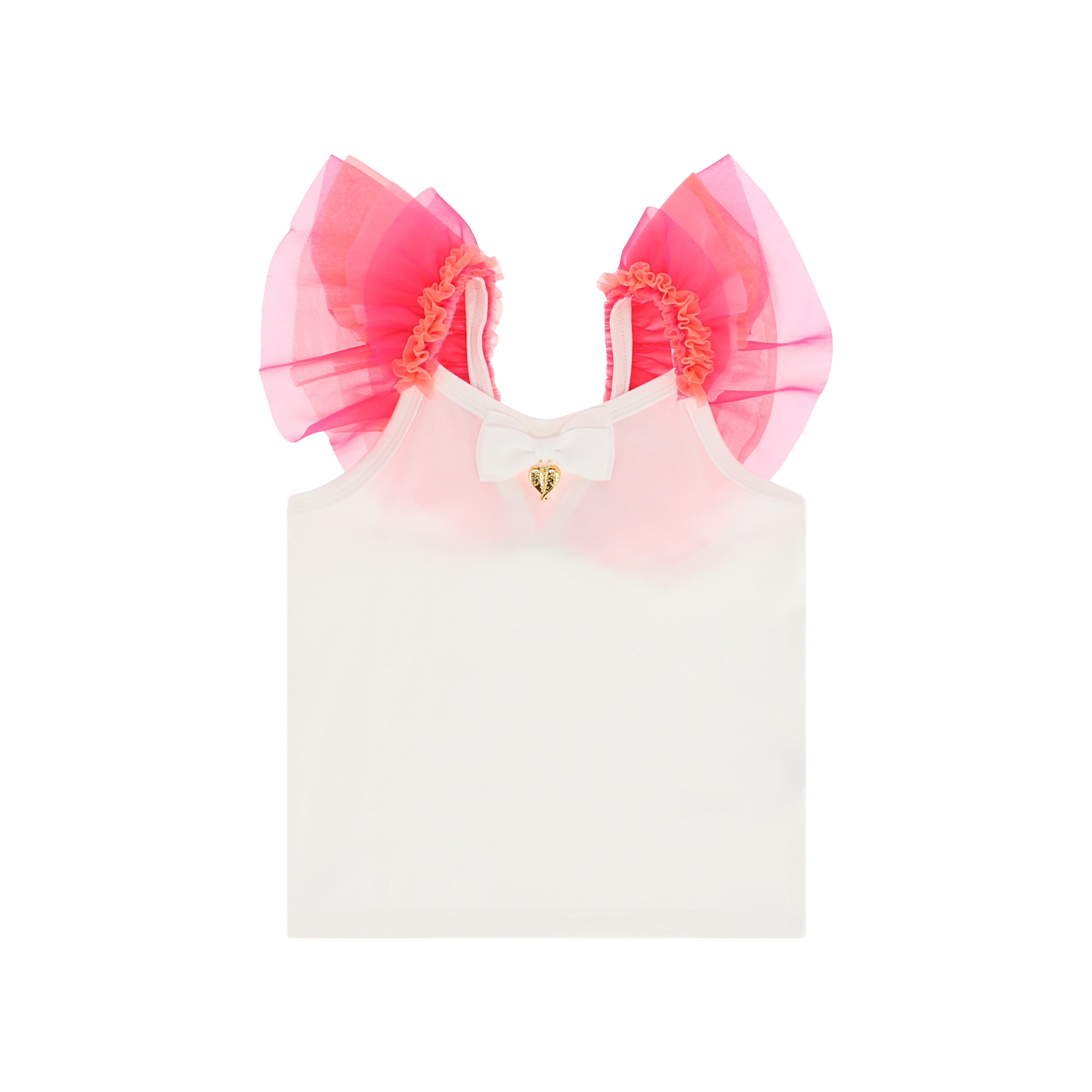 Angel’s Face Laetitia white cotton top with neon pink and orange tulle sleeves - front