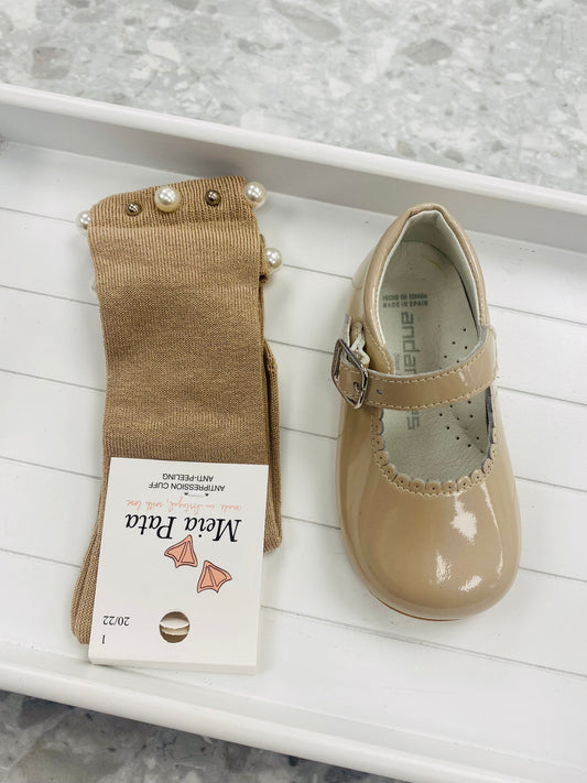 Meia Pata pearl and stud beige girls knee high socks