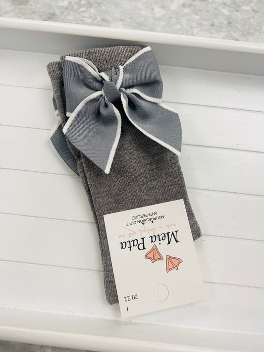 Meia Pata contrast bow grey girls knee high socks with white edging