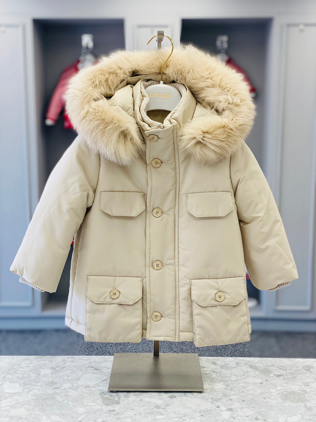 Bimbalo boys beige padded winter coat with detachable fur-trimmed hood - shop image
