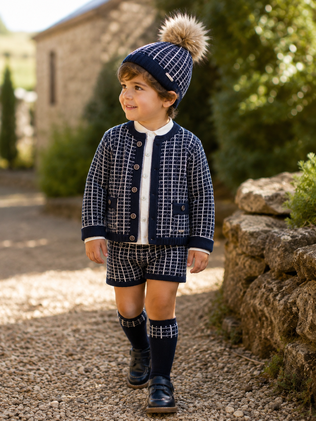 Rahigo navy and cream boys three piece short set with ivory shirt, knitted cardigan and matching knitted shorts