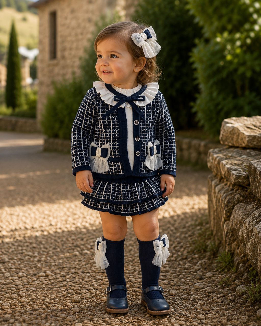 Little girl wearing Rahigo Navy & Cream Girls Three Piece Skort Set with socks and hair clip.