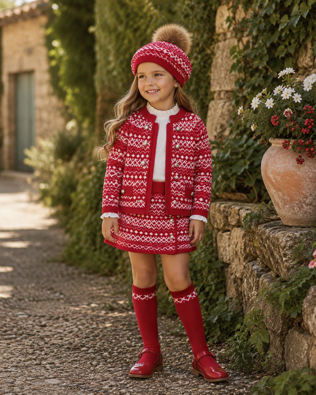 Girl wearing Rahigo red and cream three piece knitted skort set with Nordic-inspired pattern and frill collar blouse