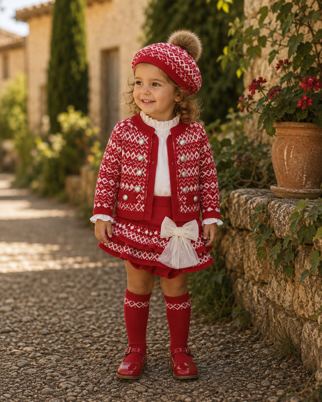 Little girl wearing Rahigo red Nordic style skirt set with beret & matching red socks.