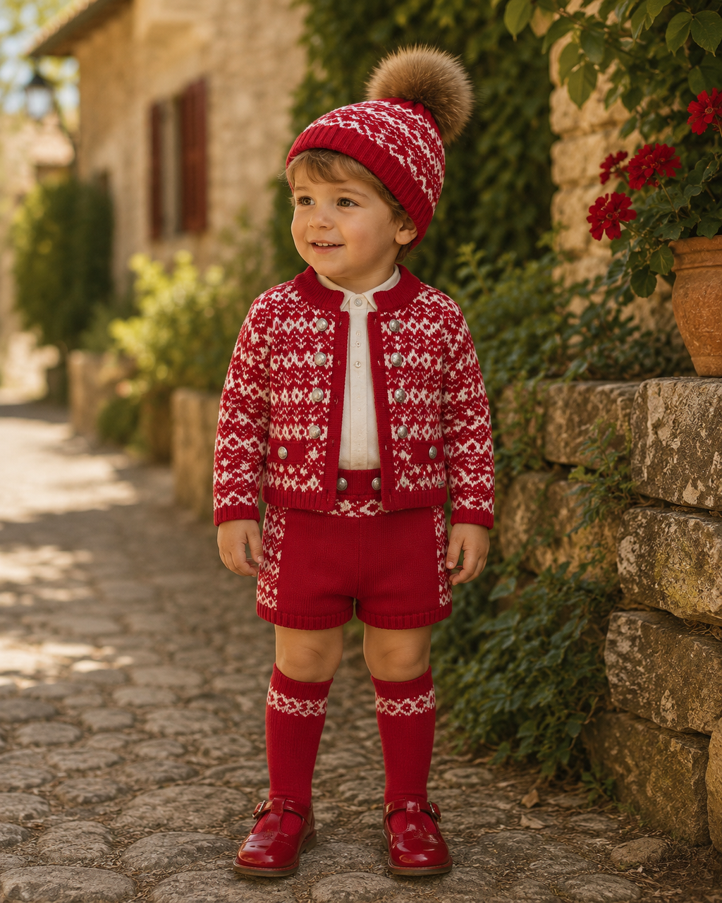 Little boy wearing Rahigo red & cream short set with matching socks and Pom Pom hat.