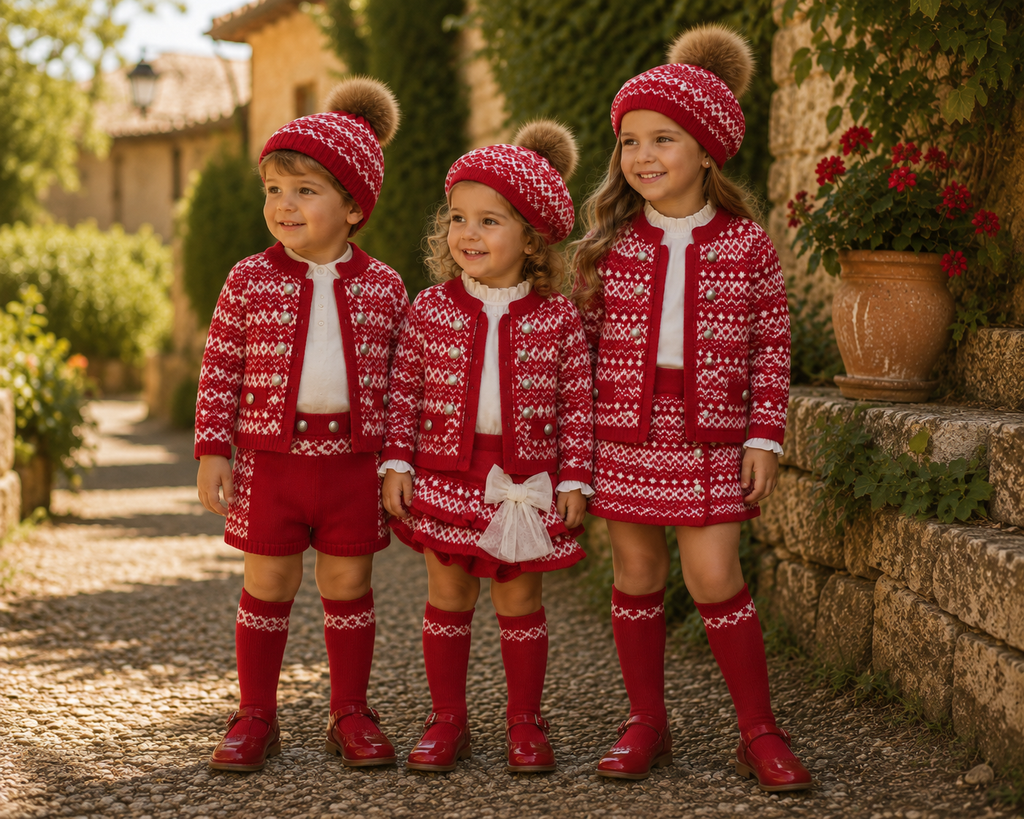 Boys & girls wearing Rahigo red & cream knitted collection for Christmas.