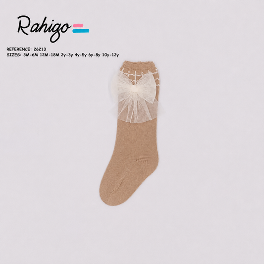 Rahigo Camel & Cream Girls Socks with Tulle Bow