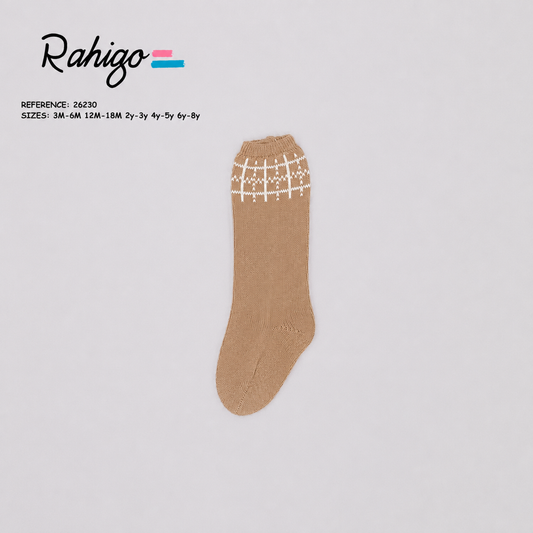 Rahigo camel and cream boys knitted socks with cream check detail.