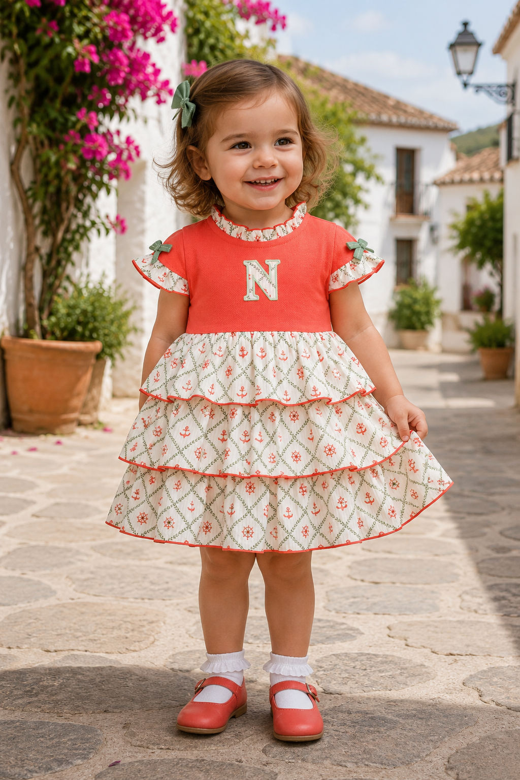 Toddler girl wearing Miranda Nel Blu Coral Girls Dress with coral bodice, nautical print tiered skirt and sage green bow details.