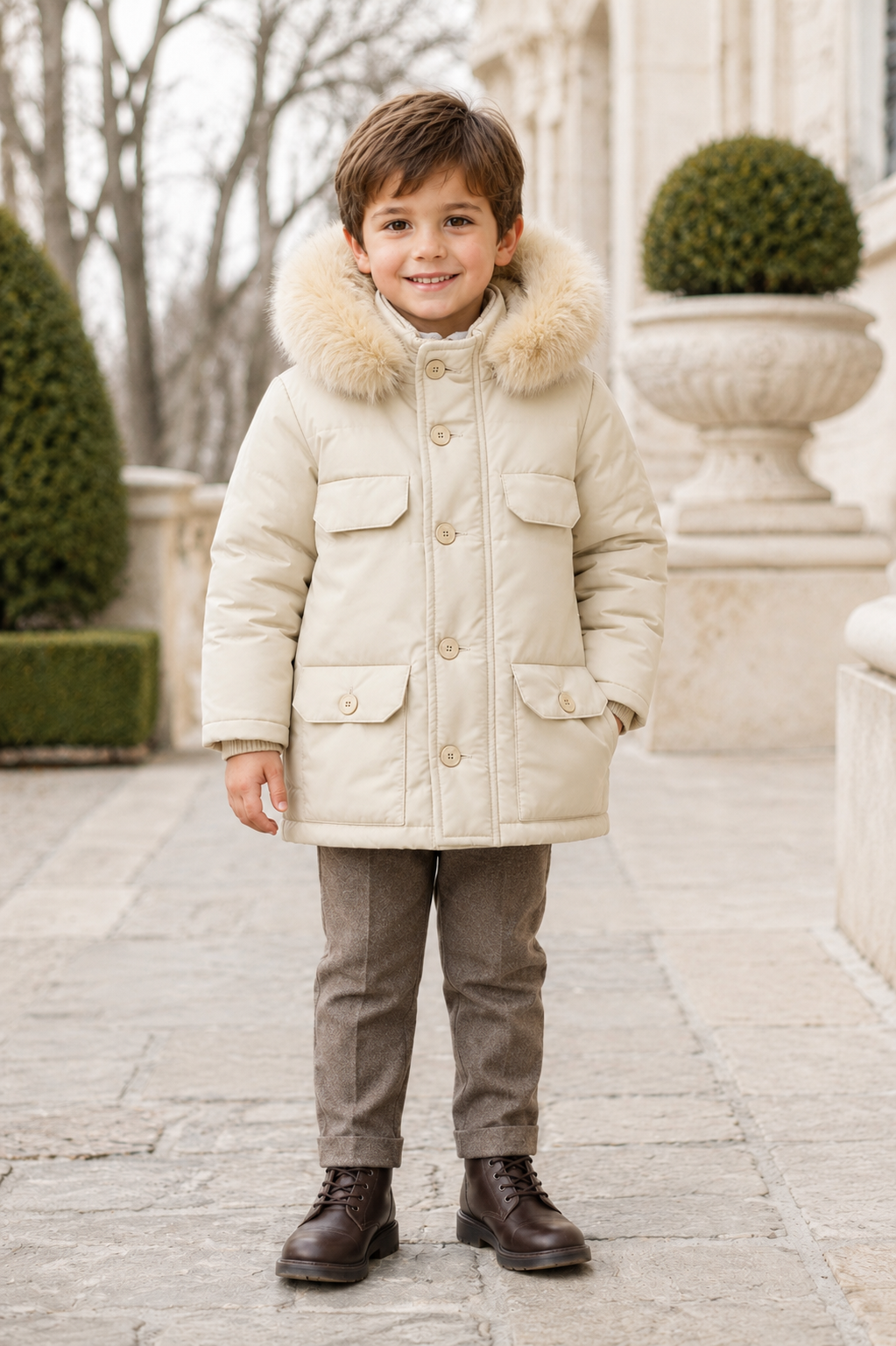 Bimbalo boys beige padded winter coat with detachable fur-trimmed hood