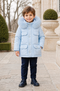 Bimbalo boys pale blue padded winter coat with detachable fur-trimmed hood