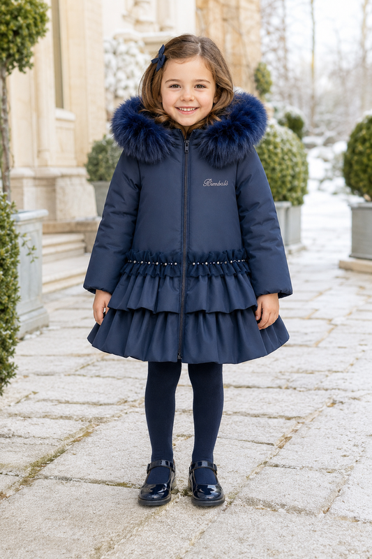 Bimbalo girls navy padded winter coat with fur hood pearl trim and statement back bow - front view