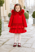 Bimbalo girls red padded winter coat with detachable fur hood pearl trim and statement back bow - front view