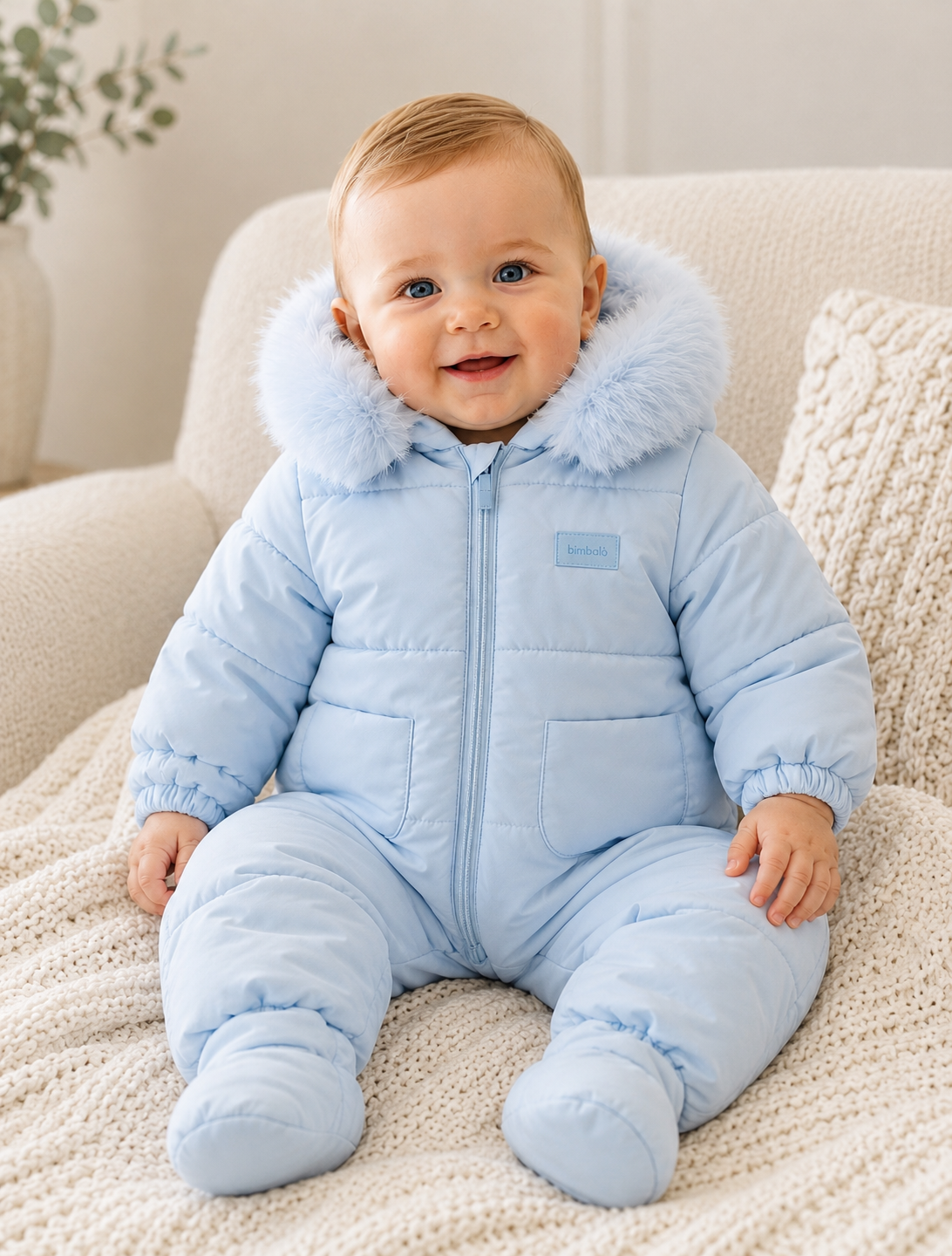 Bimbalo blue boys padded snowsuit with fur hood, detachable mittens and booties