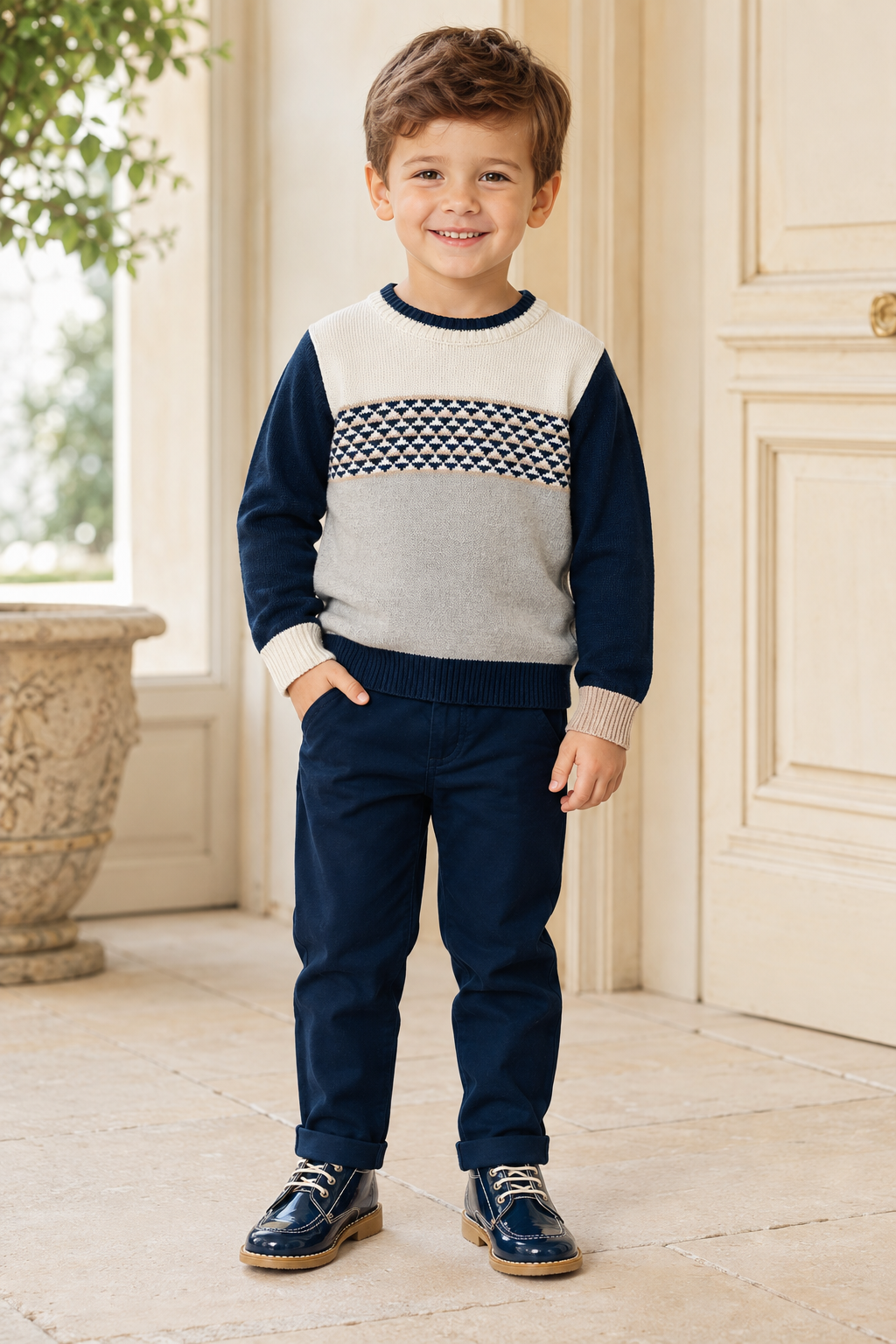 Bimbalo boys navy and grey trouser set with wool mix jumper and navy chino trousers