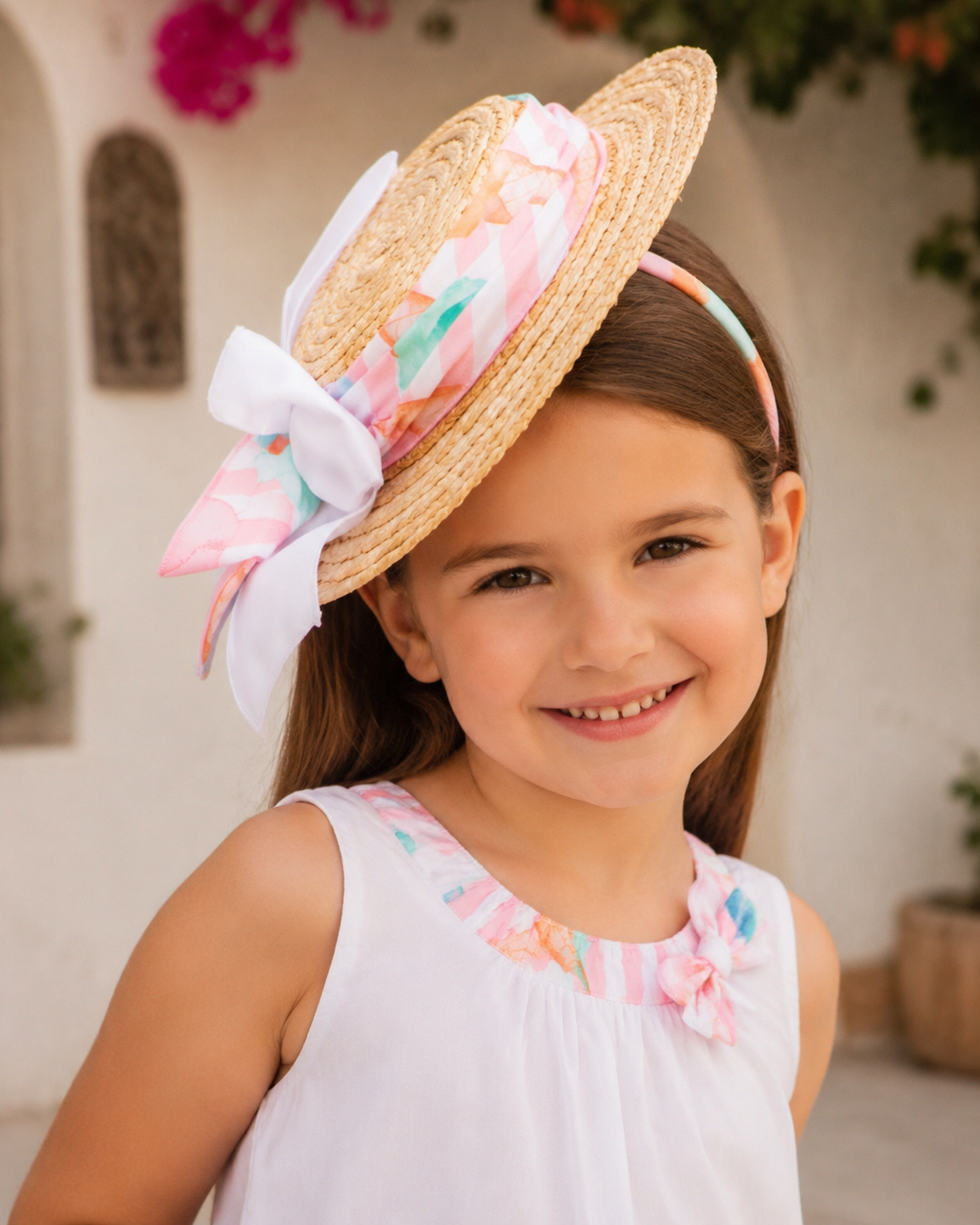 Babine Ice Cream girls pink sombrero fascinator with pastel detailing and statement bow