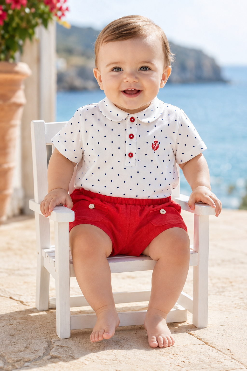 Rochy Azulejo baby boys blue polka dot top and red jam pant set