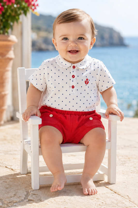 Rochy Azulejo baby boys blue polka dot top and red jam pant set