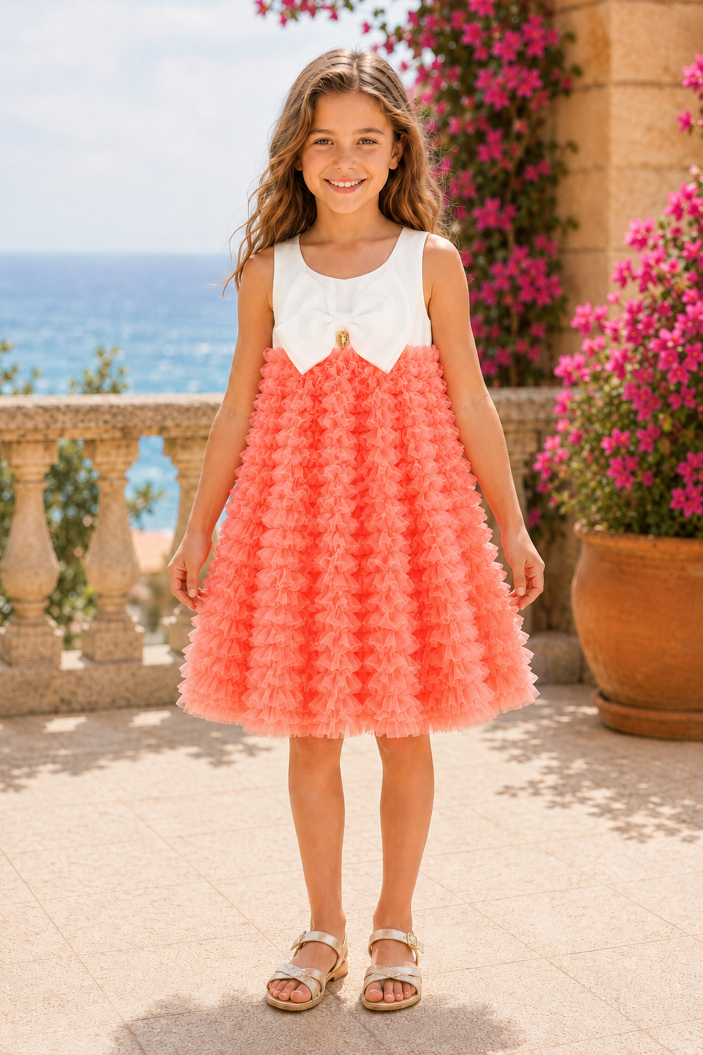 Angel’s Face Donna girls neon orange tulle dress with white bow bodice
