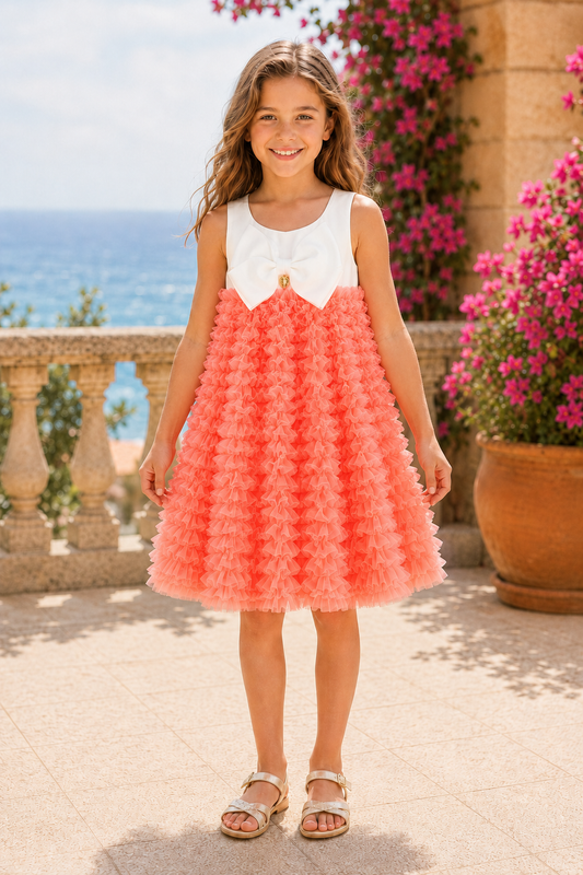 Angel’s Face Donna girls neon orange tulle dress with white bow bodice