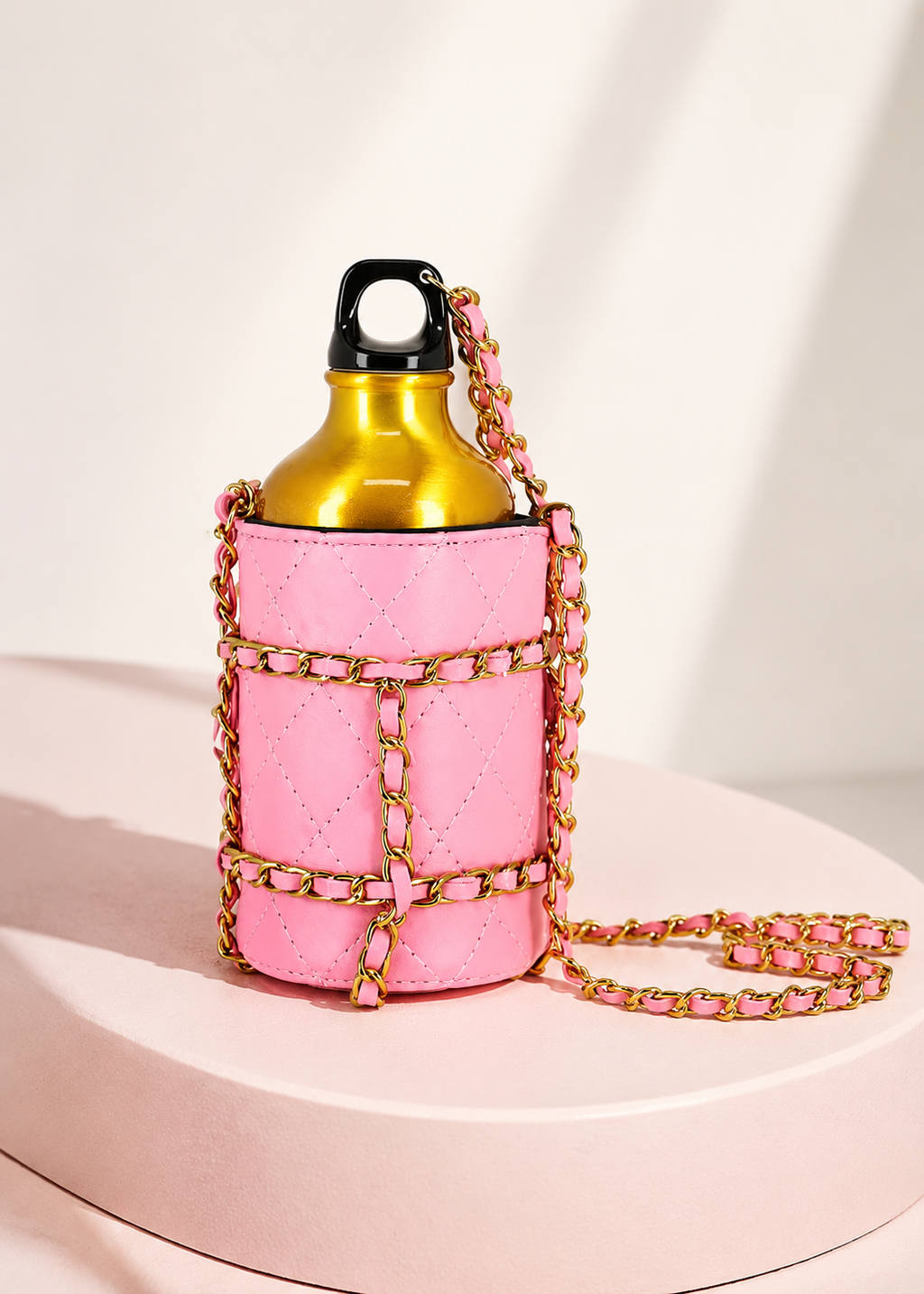 Angel’s Face Water girls pink bottle holder with gold aluminium bottle and chain strap