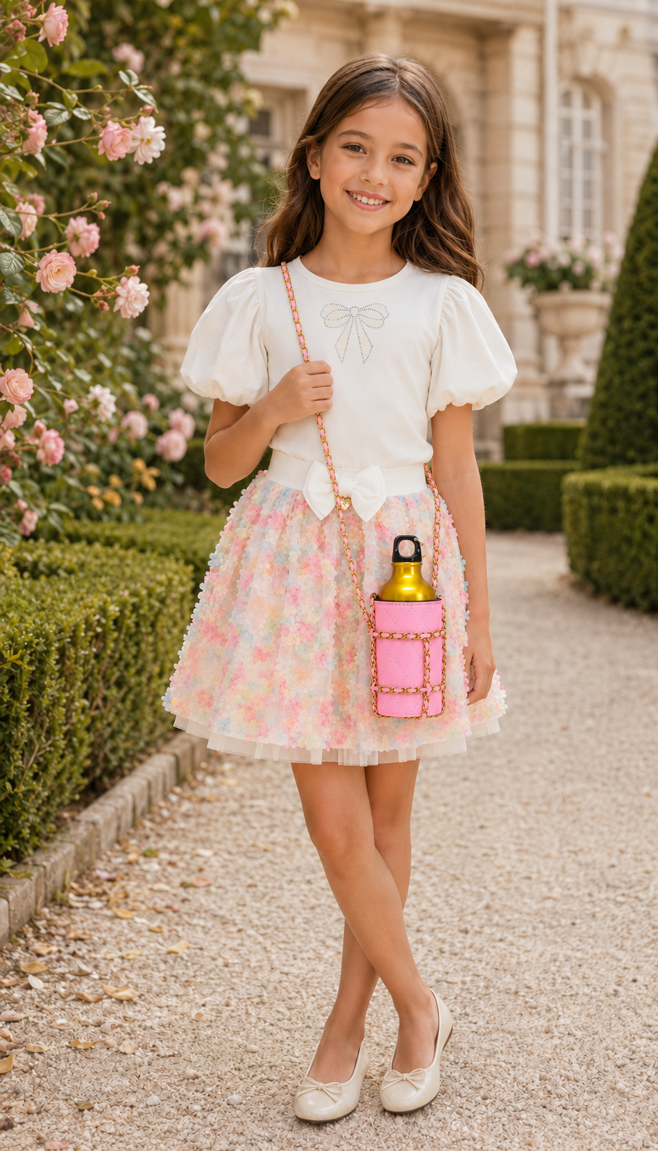 Angel’s Face Water girls pink bottle holder with gold aluminium bottle and chain strap - liestyle