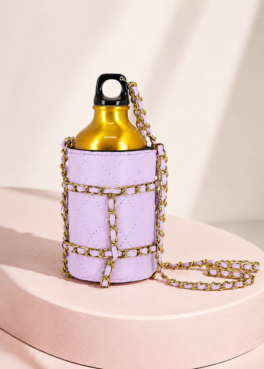 Angel’s Face Water girls lilac bottle holder with gold aluminium bottle and chain strap