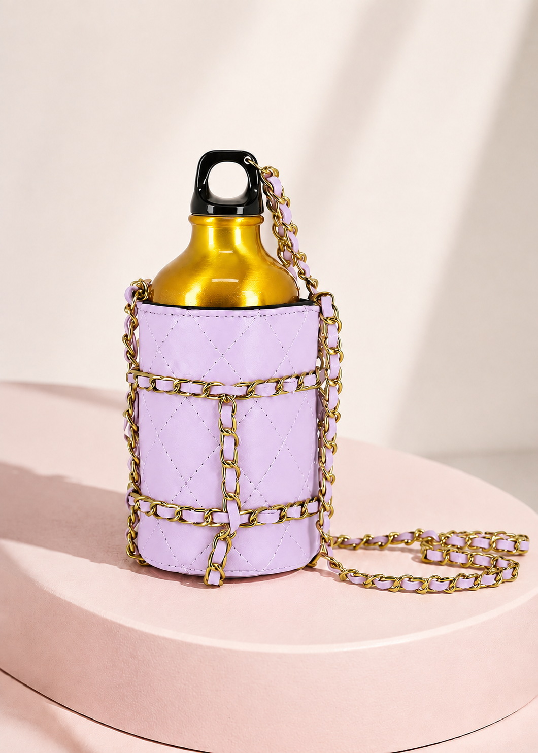 Angel’s Face Water girls lilac bottle holder with gold aluminium bottle and chain strap