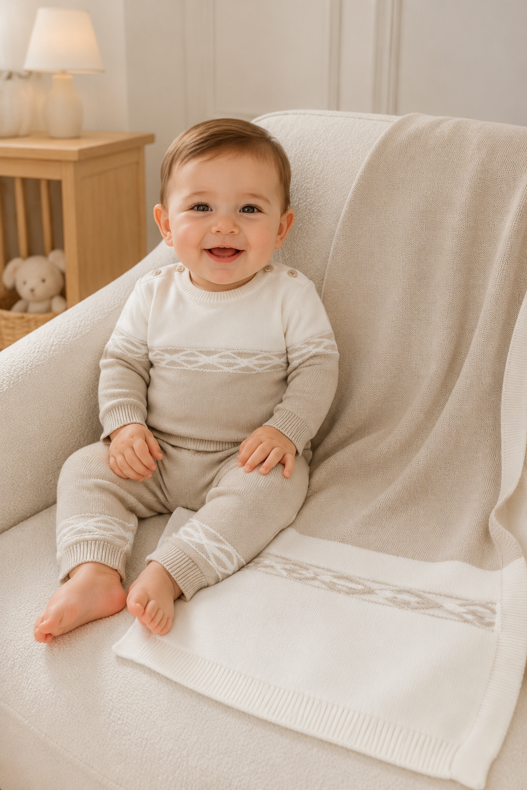 Blues Baby Bruges Cream & Beige Boys Knitted Set and Blanket